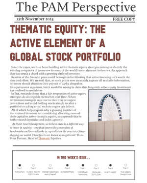 Pictet conference event: Newsletter titled "The PAM Perspective" with an article on thematic equity and investing.